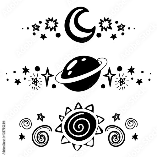 Set of spacers with stars, sun, crescent and planet. Vector space design elements. Black silhouette of baby cosmos text delimiters for articles, invitations and cards. Constellations and planetarium