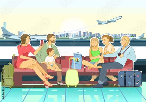 A family with children goes on a trip. Friends. Happy smiles. Terminal waiting room. Luggage, backpacks and suitcases. Taking off planes. Vector