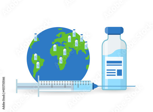 An injection bottle, syringe and a globe. Concept of spread vaccine around the world.