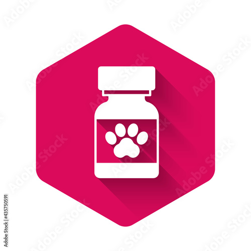 White Medicine bottle and pills icon isolated with long shadow background. Container with pills. Prescription medicine for animal. Pink hexagon button. Vector