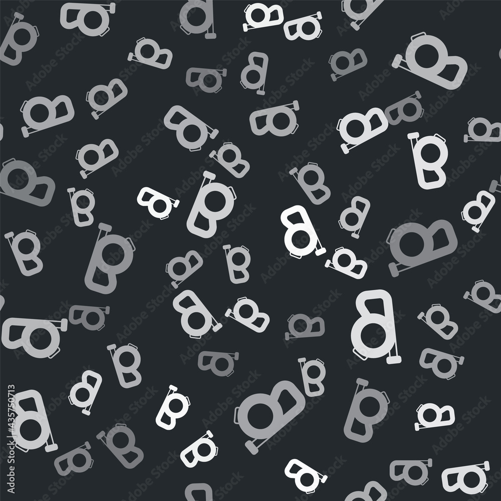 Grey Retractable cord leash with carabiner icon isolated seamless pattern on black background. Pet dog lead. Animal accessory for outdoors walk. Vector Grey Retractable cord leash with carabiner icon isolated seamless pattern on black background. Pet dog lead. Animal accessory for outdoors walk. Vector