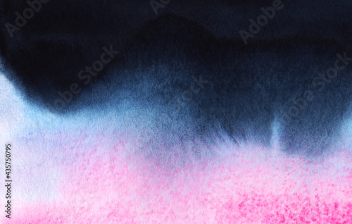 Abstract watercolor background of black and pink colors. Vertical blurry gradient from inky black on top to soft pink at bottom. Hand drawn illustration on textured paper