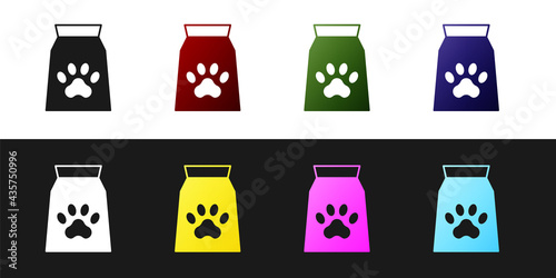 Set Bag of food for pet icon isolated on black and white background. Food for animals. Dog bone sign. Pet food package. Vector