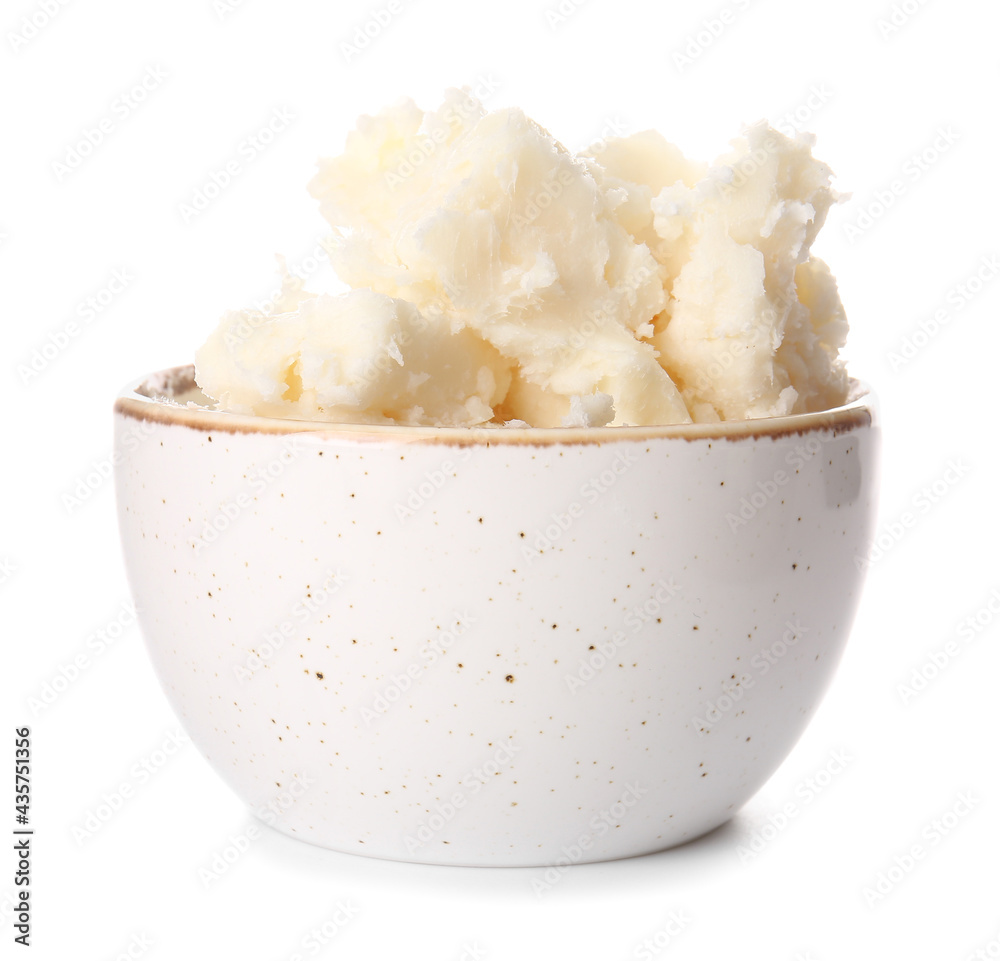 Bowl with shea butter on white background Bowl with shea butter on white background