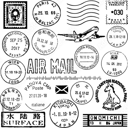 Vector image set cancellation postal stamps from different countries, isolated on white, envelope and parcel stamps