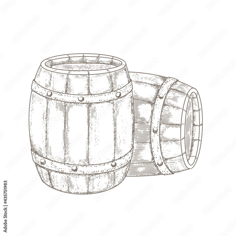 Wooden barrels in the style of old engraving. Vintage monochrome wooden barrels.
