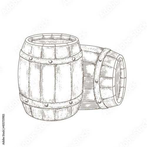 Wooden barrels in the style of old engraving. Vintage monochrome wooden barrels.