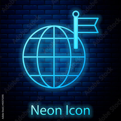 Glowing neon Planet with flag icon isolated on brick wall background. Victory, winning and conquer adversity concept. Vector