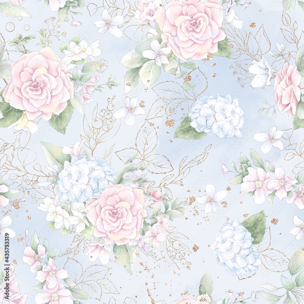 Seamless pattern. Spring delicate rose flowers. Digital printing