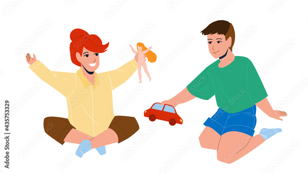 Kids Playing With Toys In Kindergarten Vector. Little Boy And Girl Kids Playing Together With Car And Doll. Characters Children Friends Play, Funny Leisure Time Flat Cartoon Illustration Kids Playing With Toys In Kindergarten Vector. Little Boy And Girl Kids Playing Together With Car And Doll. Characters Children Friends Play, Funny Leisure Time Flat Cartoon Illustration