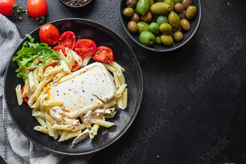 feta pasta tomato cherry feta cheese, penne, fetapasta trend meal copy space rustic food background top view photo