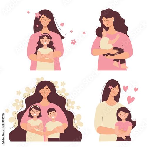 Beautiful woman holds a baby in her arms, mom hugs her children. Mother's day, women's day. Set of flat vector people isolated on white background