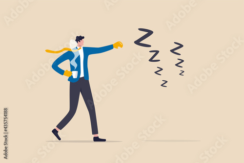 Procrastination and laziness, productivity and professional to fight with resistance and sleepy concept, alert businessman have some coffee wearing boxing gloves to fight with lazy sleepy symbol.