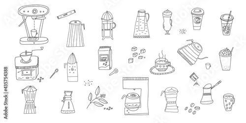 Hand drawn doodle vector illustration of set of various coffee drinks in glass and plastic cups, coffee pots and machines for different brewing types. Isolated on white background.