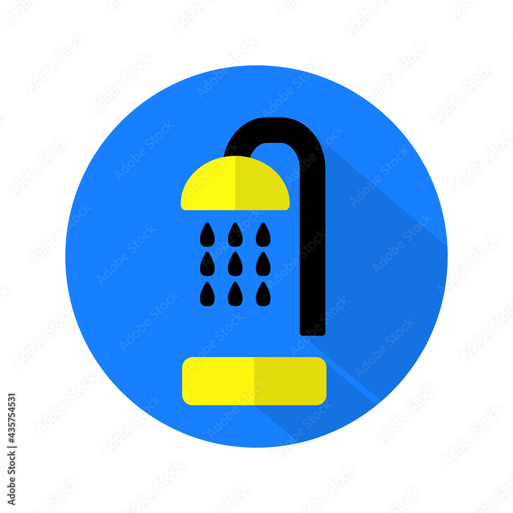 Flat icon vector with shadow effect in bright blue and yellow colors of shower with dripping water. Isolated on white background. Social media icon. Flat icon vector with shadow effect in bright blue and yellow colors of shower with dripping water. Isolated on white background. Social media icon.
