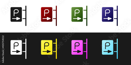 Set Parking icon isolated on black and white background. Street road sign. Vector