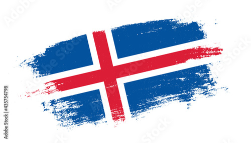 Flag of Iceland country on brush paint stroke trail view. Elegant texture of national country flag