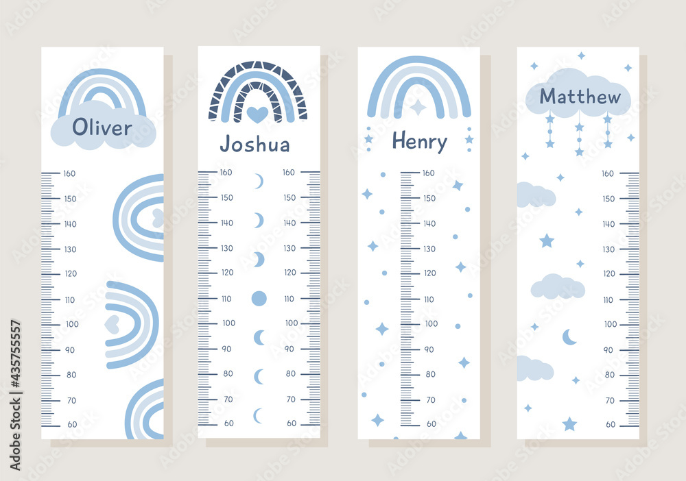 Vector Set of kids height charts with abstract boho rainbows and clouds in pastel blue colors. Meter wall with trendy design. Children growth chart. Bohemian elements for baby nursery with boy names. - obrazy, fototapety, plakaty 