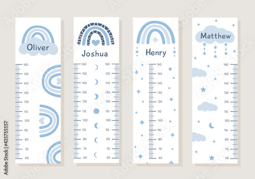 Vector Set of kids height charts with abstract boho rainbows and clouds in pastel blue colors. Meter wall with trendy design. Children growth chart. Bohemian elements for baby nursery with boy names.