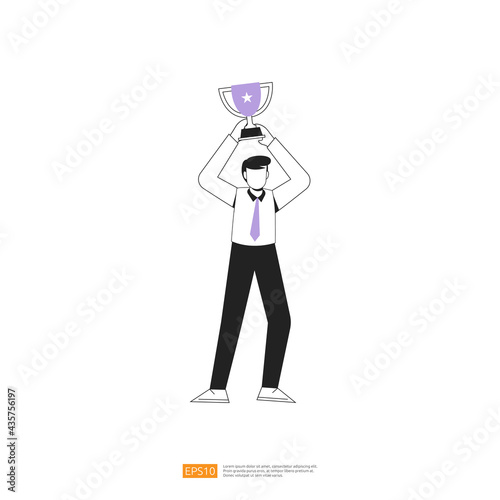 businessman or young man worker character celebrate success pose with cup trophy on hand gesture in flat style isolated vector illustration