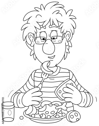 Funny young fellow with disheveled hair having lunch at table, black and white outline vector cartoon illustration