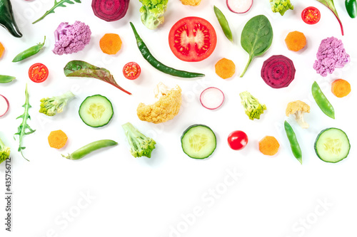 Fresh vegetables  shot from the top on a white background with copy space. Healthy eating composition