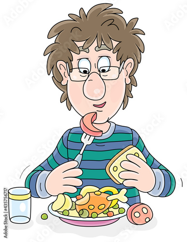 Funny young fellow with disheveled hair having lunch at table, vector cartoon illustration on a white background