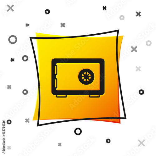 Black Safe icon isolated on white background. The door safe a bank vault with a combination lock. Reliable Data Protection. Yellow square button. Vector