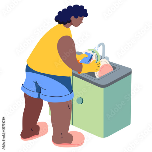 Woman washes dirty dishes in the sink. Household chores. Black person with curly hair. Minimalistic flat style cute illustration.
