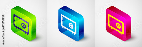 Isometric Safe icon isolated on grey background. The door safe a bank vault with a combination lock. Reliable Data Protection. Square button. Vector