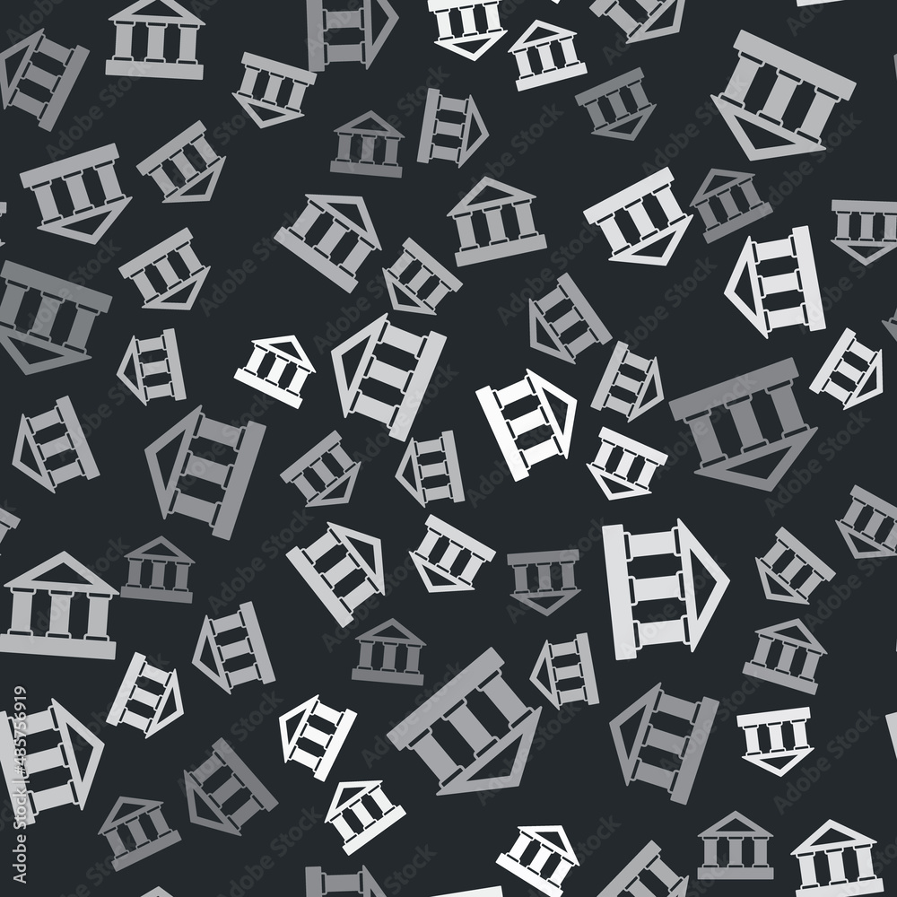 Grey Bank building icon isolated seamless pattern on black background. Vector