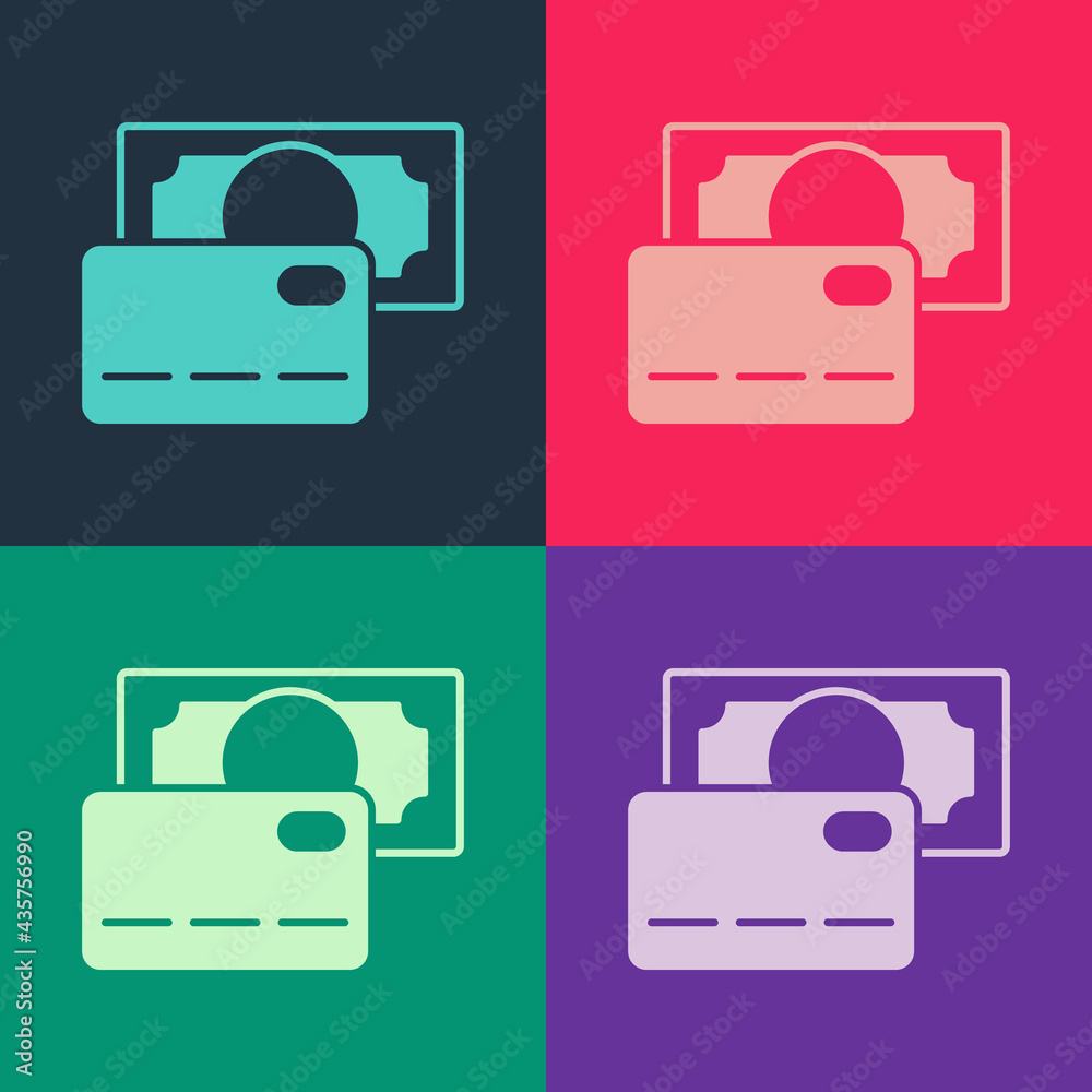 Fototapeta premium Pop art Credit card icon isolated on color background. Online payment. Cash withdrawal. Financial operations. Shopping sign. Vector