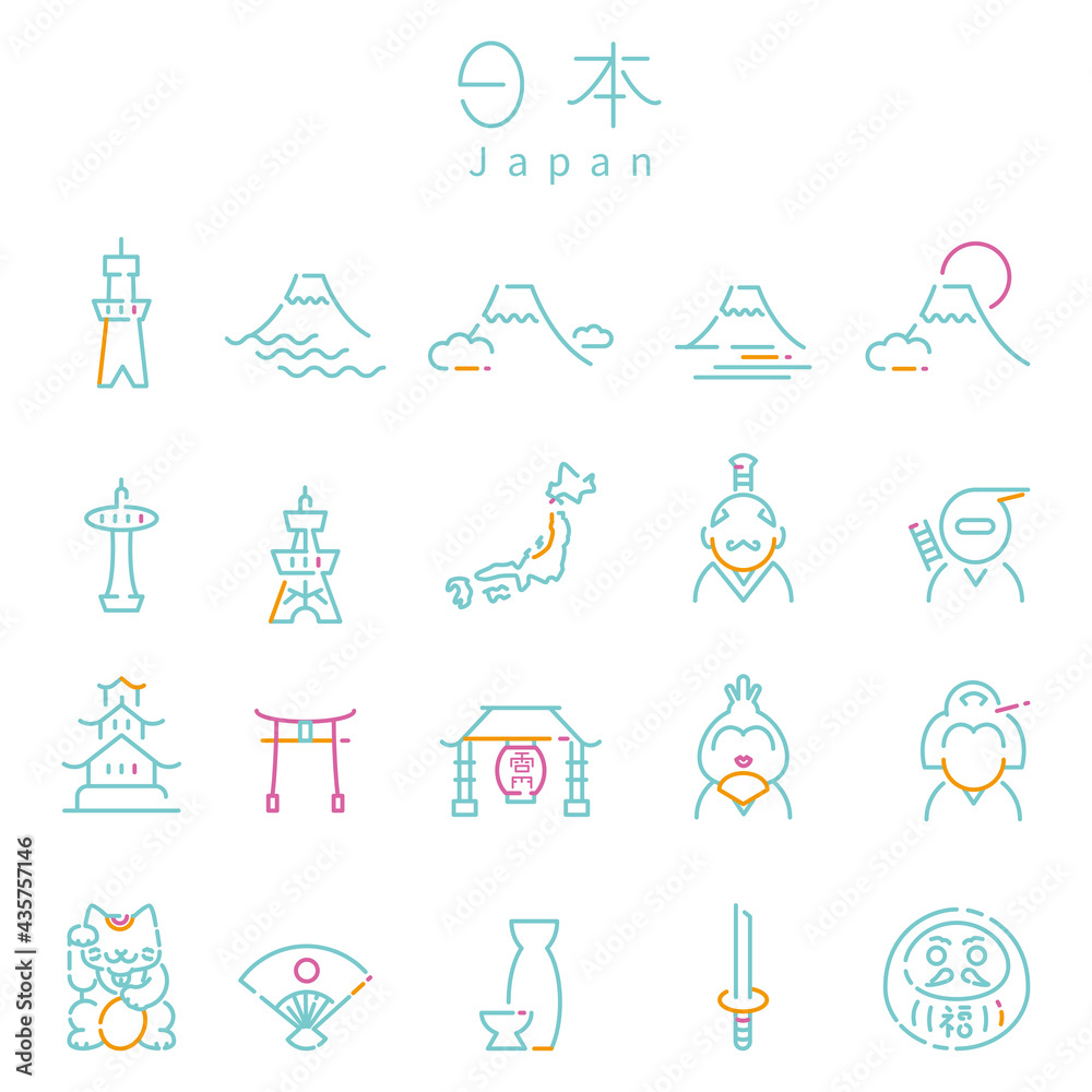 Fototapeta premium 線画 3色アイコン 日本 ミント