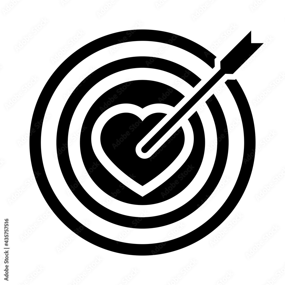 Arrow get in the target of heart. Flat icon. Black