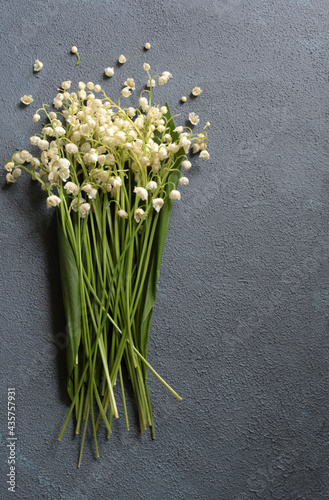 Bouquet di tordo o mughetto isolato su sfondo grigio. Direttamente sopra. Copia spazio.