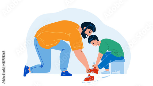 Father With Son Try On Shoes In Kid Store Vector. Man Help Boy Choosing Footwear In Clothes Kid Store. Characters Parent With Kid Buy Footwear In Shop, Season Sales Flat Cartoon Illustration