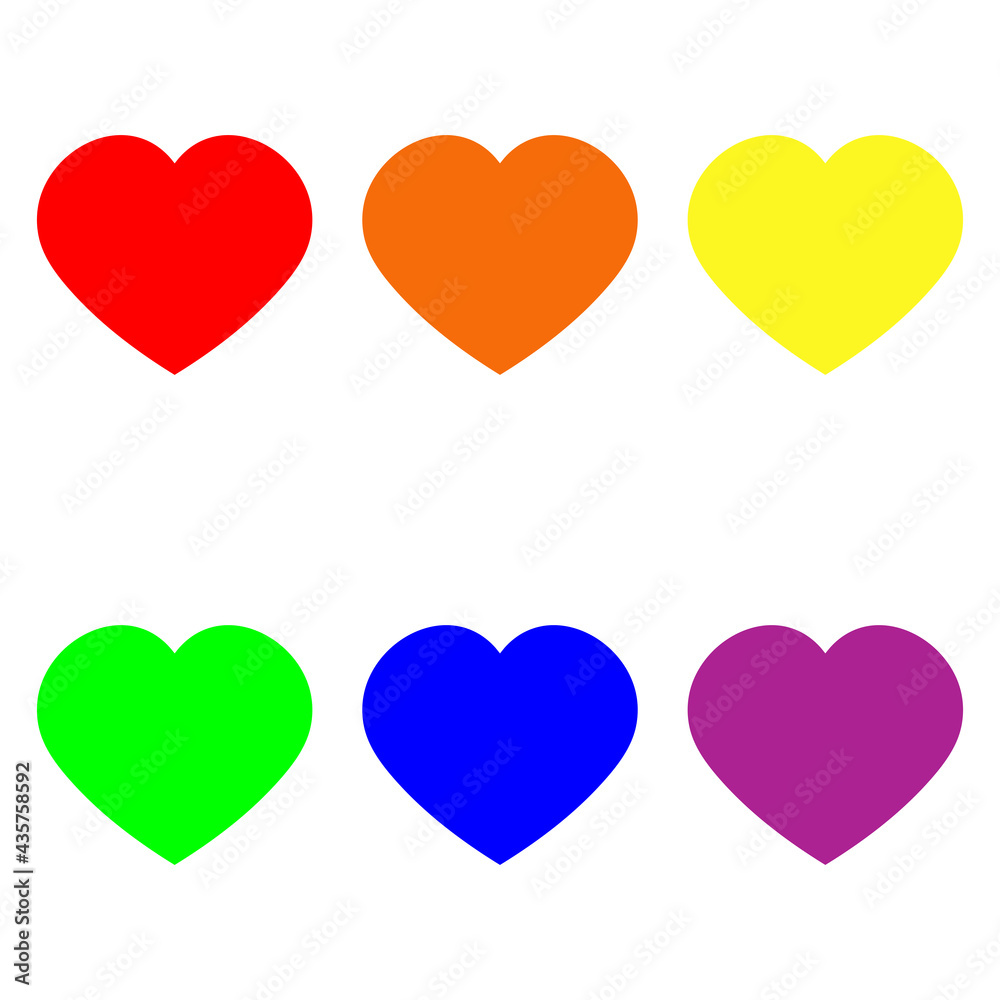 Colorful hearts set in rainbow colors. Flat vector icon