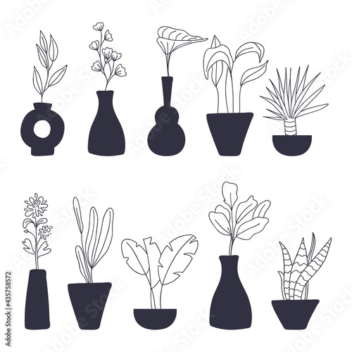 Abstract tropical leaves in vase set. Hand drawn botanical minimalist branches in black white colors boho style and pottery ceramic pots. Trendy decor modern bohemian vector illustration