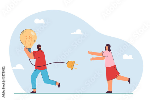 Man running away with stolen idea symbolized by light bulb. Man stealing light bulb from woman. Female character chasing thief in mask. Idea theft concept for banner, website design or landing page