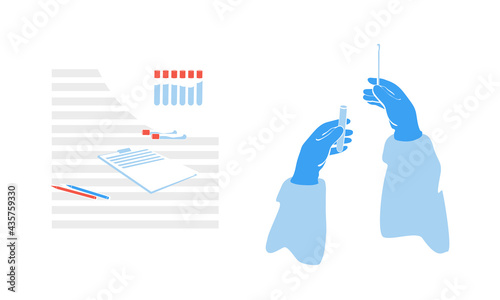PCR test concept.Health Professional hands in protective gloves with nasal swab. Rapid Antigen Test to analyze nasal sampling for Covid-19, Coronavirus Pandemic. Laboratory equipment set.