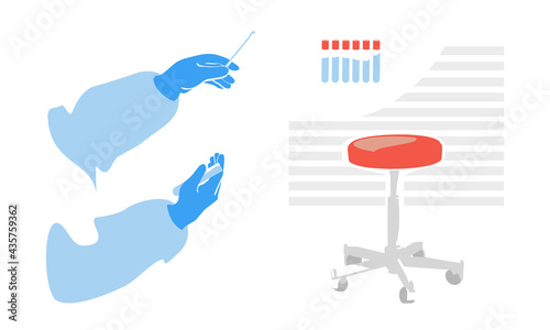 PCR test concept.Health Professional hands in protective gloves with nasal swab. Rapid Antigen Test to analyze nasal sampling for Covid-19, Coronavirus Pandemic. Empty chair for patient .