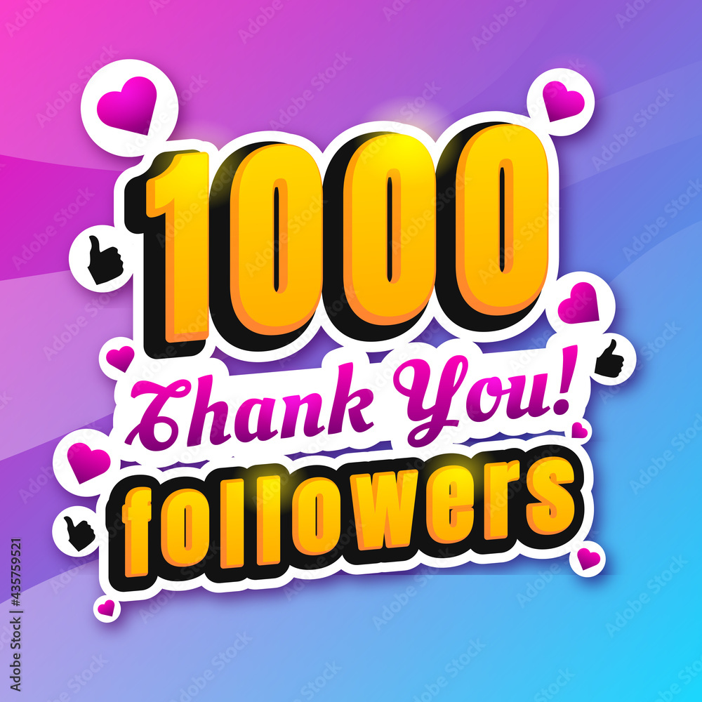 1000 subscribers colorful banner with heart and like icons, thumbs up. Thank you poster for social media subscribers. 