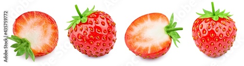 Collection strawberry fruit with green leaf and slice isolated