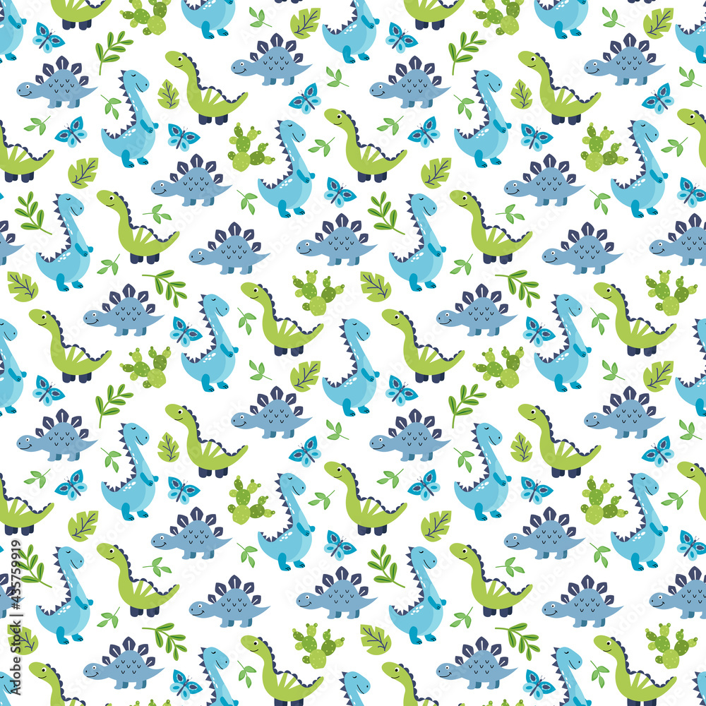 Seamless pattern with cute dinosaurs. Hand-drawn style. Stock illustration. Endless textures for your design. Seamless pattern with cute dinosaurs. Hand-drawn style. Stock illustration. Endless textures for your design.
