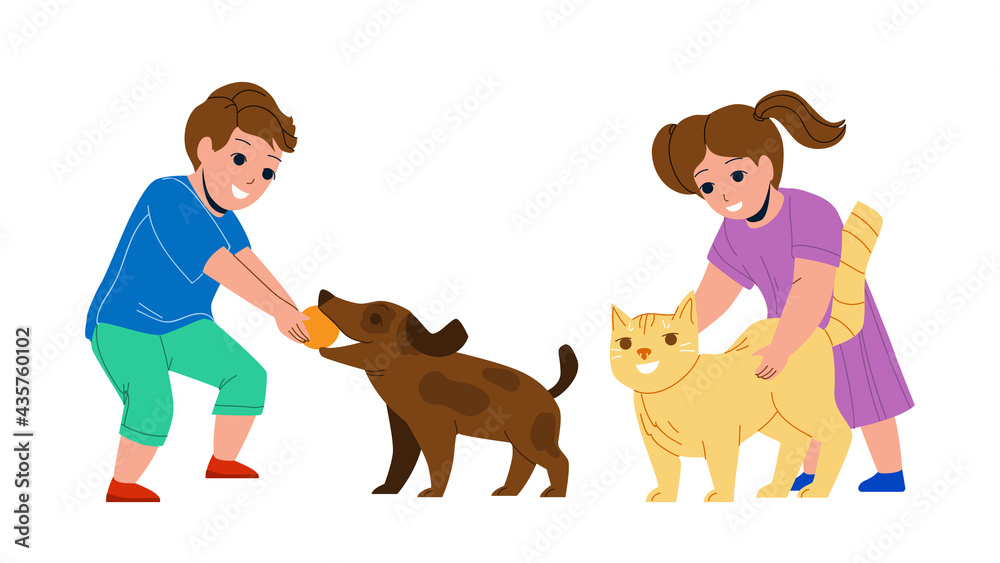 Kids Playing With Pets Together In Park Vector. Little Boy Play With Dog And Ball, Girl Stroking Cat Pets. Characters Brother And Sister Enjoying With Domestic Animals Flat Cartoon Illustration Kids Playing With Pets Together In Park Vector. Little Boy Play With Dog And Ball, Girl Stroking Cat Pets. Characters Brother And Sister Enjoying With Domestic Animals Flat Cartoon Illustration