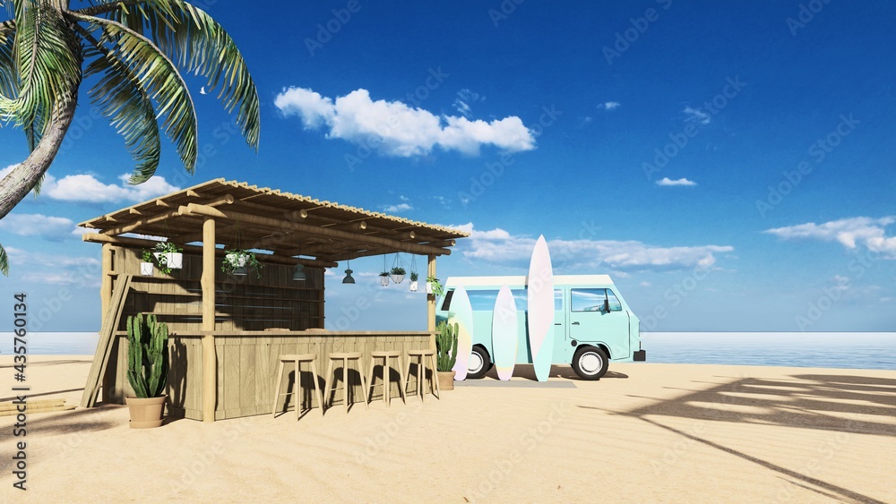 3d render from imagine summer beach bar in the sand with the sea beach bed bar counter beach bar - obrazy, fototapety, plakaty 