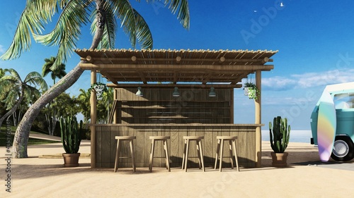 Fototapeta Naklejka Na Ścianę i Meble -  3d render from imagine summer beach bar in the sand with the sea beach bed bar front bar