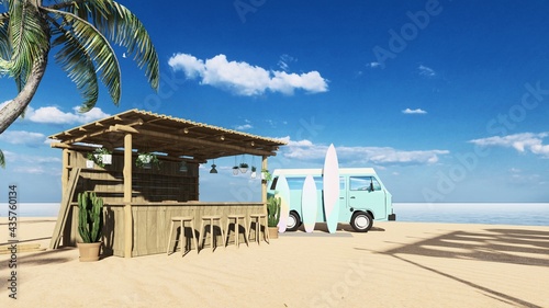 3d render from imagine summer beach bar in the sand with the sea beach bed bar counter beach bar