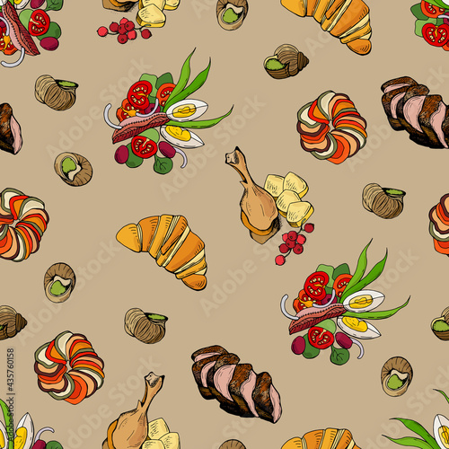 Seamless pattern with French cuisine dishes. Design for cafes, fabrics, textiles, wallpapers, packaging.	