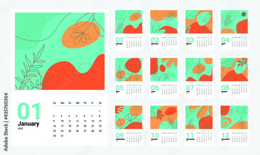 Calendar 2022 template vector, Set Desk calendar 2022, wall calendar design, Planner, Week start on Sunday, vertical layout, Set of 12 Months, cover design memphis style, vector illustration